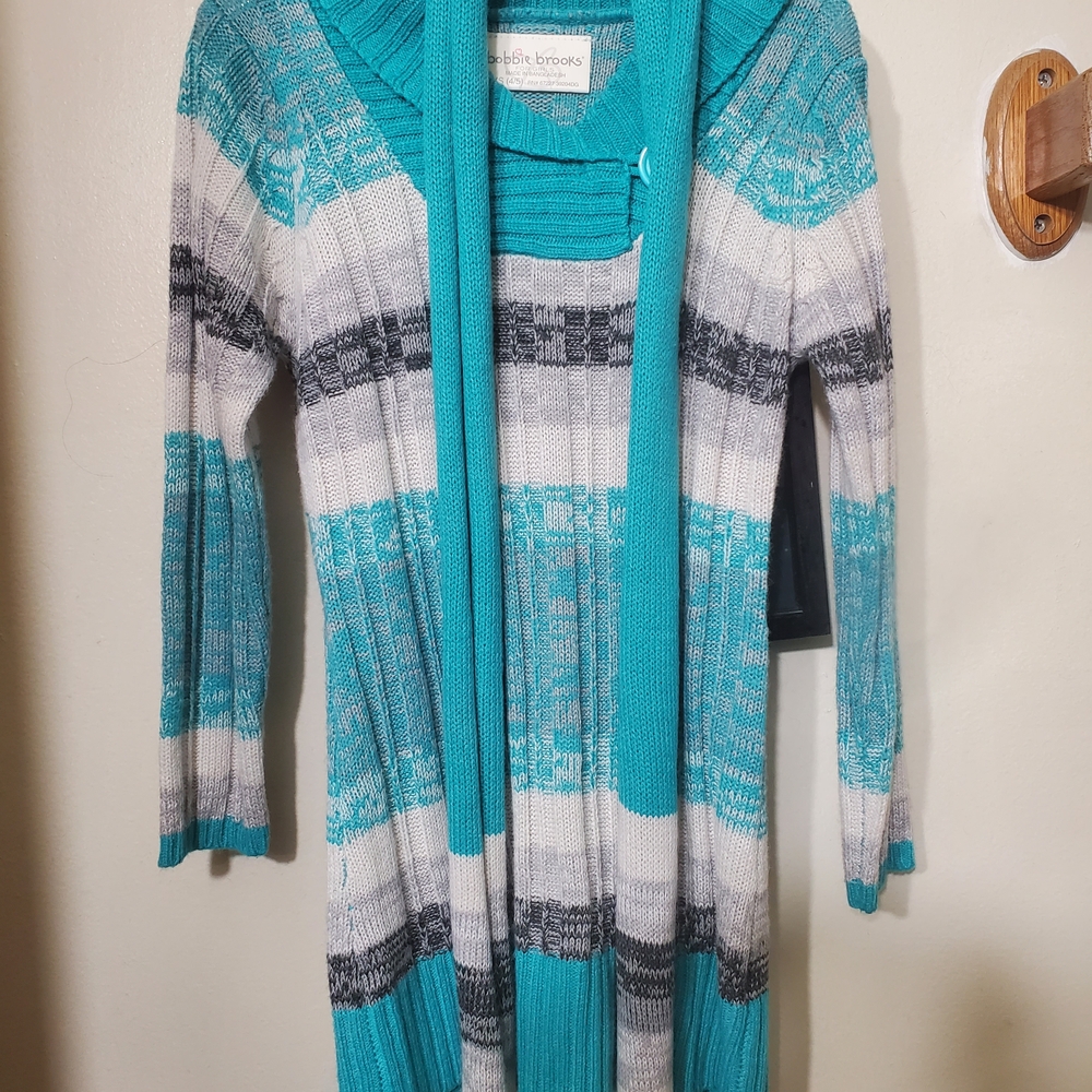 Bobbie Brooks Turquoise and Gray Striped Cowl Neck Sweater